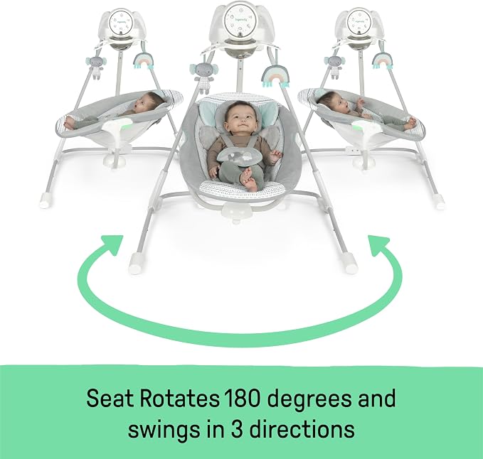 Ingenuity InLighten 5-Speed Baby Swing - Swivel Infant Seat, 5 Point Safety Harness, Nature Sounds, Lights - Van Elephant