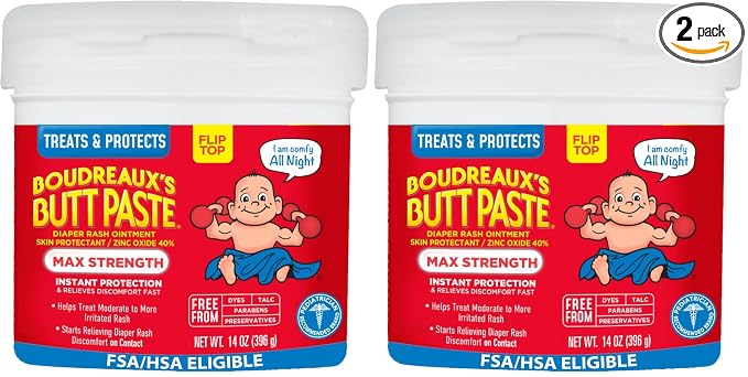 Boudreaux’s Butt Paste Max Strength Diaper Rash Cream for Baby, Ointment With Zinc Oxide, 14 oz Flip-Top Jar (Pack of 2)