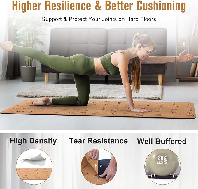 Premium Cork Yoga Mat 1/4 & 2/5 Inch Thick 72 x 26 in, Thick Cork and TPE Non Slip Yoga Mats for Women Men, Sweat Proof Eco-friendly, Great for Hot Yoga & Workouts