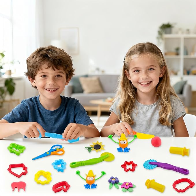 iShyan Dough Tools for Kids，40pcs Basic Dough Play Toys Includes Cutters, Roller, Rolling Pins, Safety Scissors