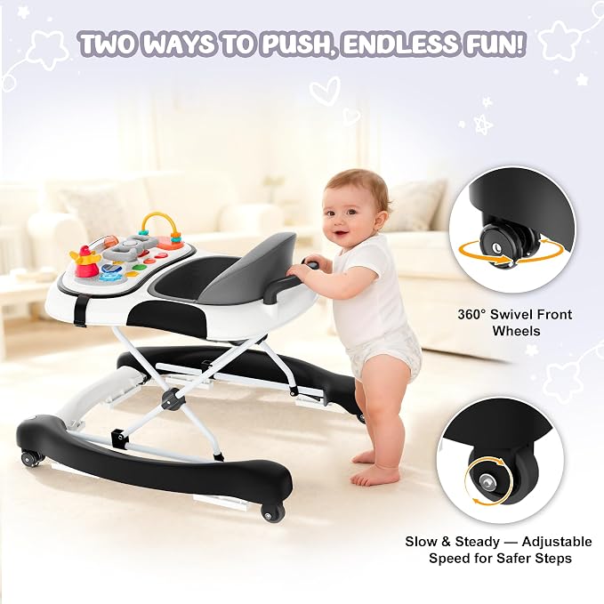 5-in-1 Foldable Baby Walker,Music and Lights Baby Walker with Wheels,Height Adjustable Infant Walker, with Activity Center, Rocker, Bouncer,Push Walker & Feeding Tray for Babies 6-18 Months (Black)