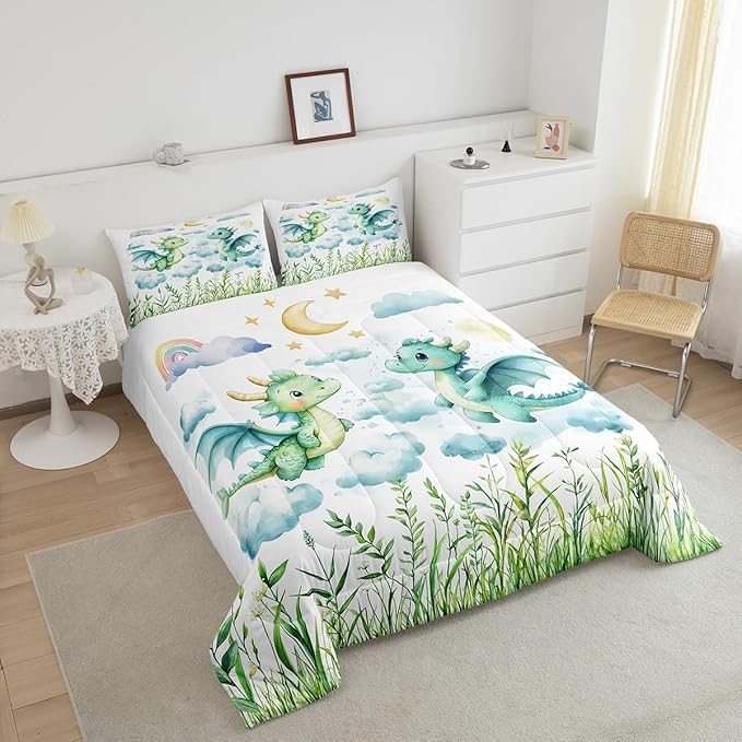 Feelyou Dragon Comforter Set King Size Dragon Stuff Comforter for Boys Girls Teens Wild Life Bedding Set Dragon Decor Duvet Set Room Decor Green Quilt Set