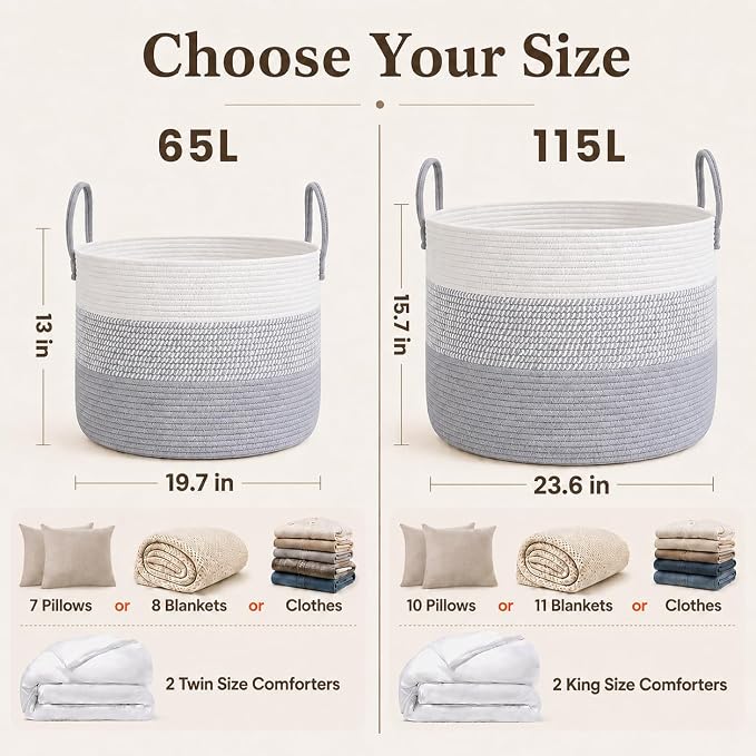 JMvicyroam 115L Extra Large Machine Washable Cotton Rope Blanket Basket | Collapsible laundry hamper, Reinforced handles, For blankets,pillows,toys and clothes, Living room and bedroom,White&Grey Mix