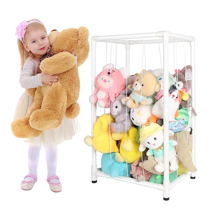 Stuffed Animal Storage Zoo Stuffed Animal Holder,Off-Ground and Space Save Vertical Stuffed Animals Organizer PVC with Elastic for Bedroom Playroom Nursery (White, small)