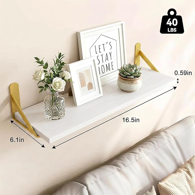 Fixwal Floating Shelves for Wall, Wood Wall Mounted Shelves for Bedroom, Bathroom, Living Room, Kitchen Storage and Decor(White, Set of 5, 16.5 Inch)