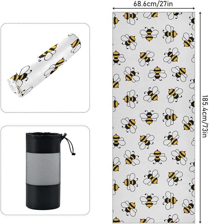Non Slip Yoga Towel 73 x 27 in Honey Bee Sweat Absorbent Yoga Mat Towel for Hot Yoga, Pilates and Workout