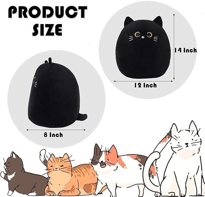 SQEQE Cat Plush Pillow Kawaii Cat Stuffed Animal Fluffy Plushies Doll Toy Soft Animal Shape Design Stuffed Animals Gifts for Kids(Black, 14 inch)
