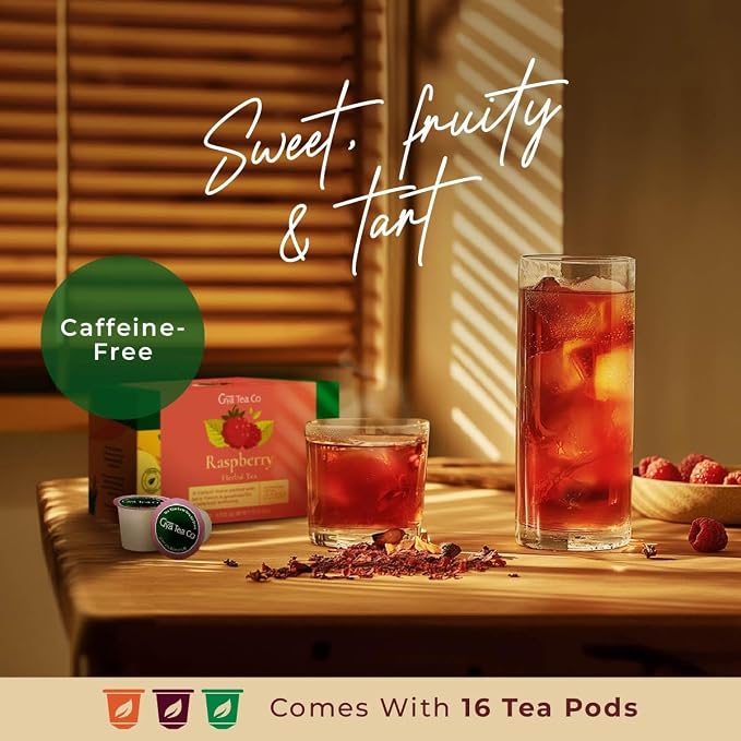 Gya Tea Co Raspberry Herbal Tea Pod (16 Count)- Decaf Wellness Tea for Body Comfort & Relaxing