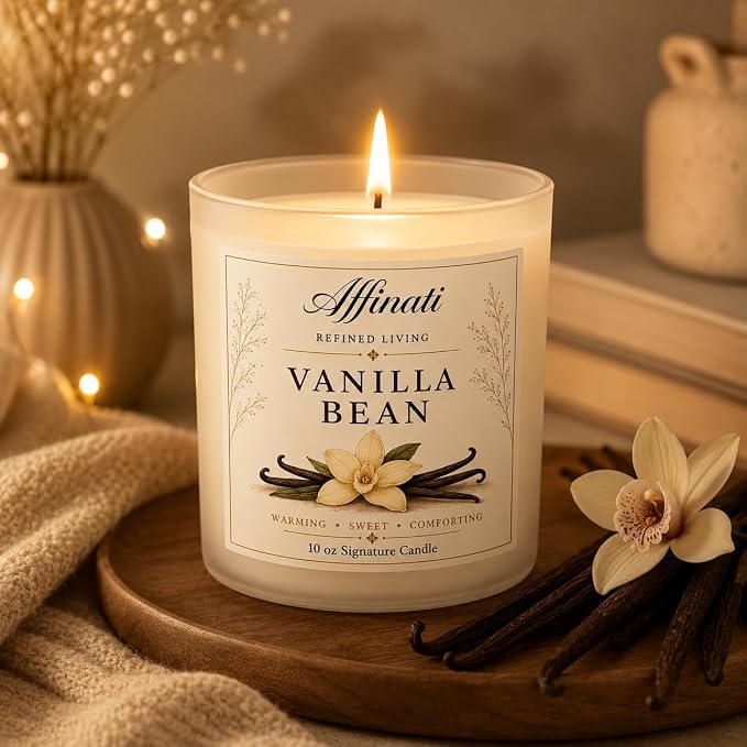 Affinati Vanilla Bean 10 oz Scented Candle – Long Lasting Luxury Soy Blend Candle for Home, Strong Scent Throw Warm Sweet Cream Aromatherapy Candles, Clean Burning Elegant Home Fragrance Gift