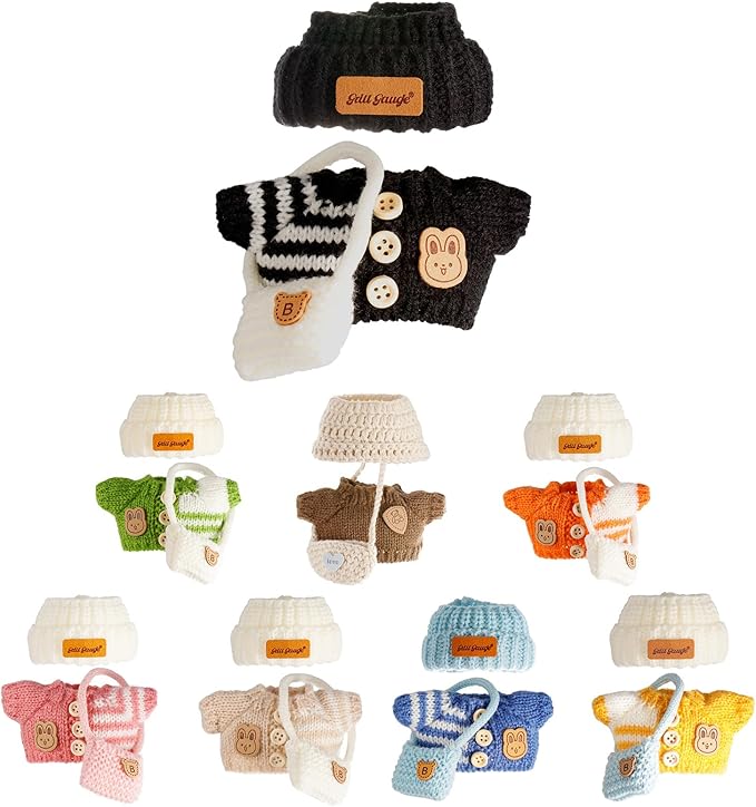 Clothes for 17cm Dolls, Clothes Set for 17cm Doll, Crochet 3 Piece Set Hat Clothes Backpack for Dolls, Stylish Adorable Dolls Clothes Accessories (No Doll) (Black)