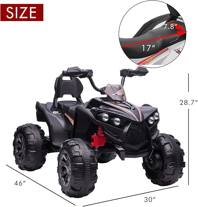 OTTARO Ride on ATV 2 Seater, 12V 4 Wheeler Electric Quad for Kids 3-8 w/ 17" Length Seat, LED Lights, 2 Speeds, Soft Braking, Rear Pedal & Backrest (Black)