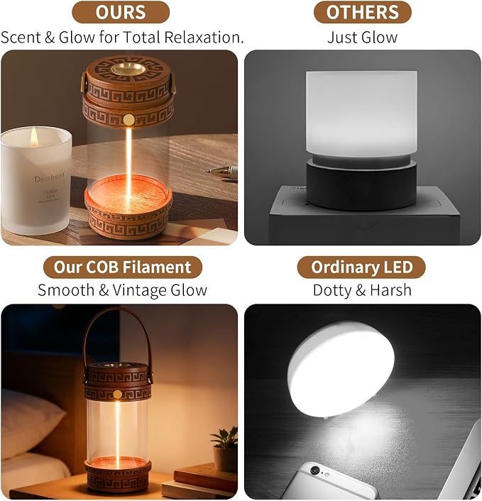 Electric Waterless Essential Oil Heat Diffuser PTC Heating Copper Plate with LED COB Soothing Glow Warm Mood Light, Portable Natural Wood Scented Oil Warmer for Bedside Yoga & Zen Decor