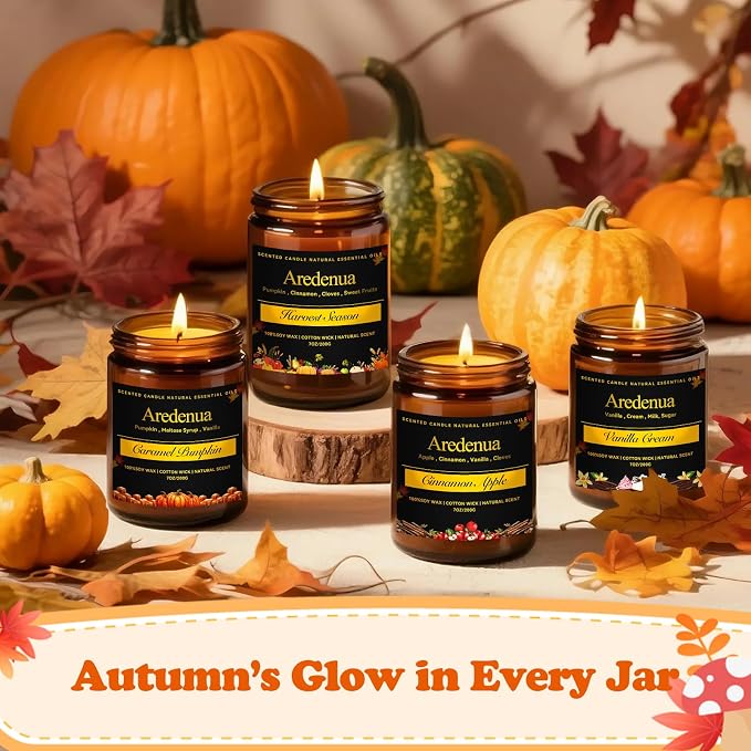 Fall Candles Set – 4 Pack Cozy Autumn Seasonal Candles Gift - Caramel Pumpkin, Cinnamon Apple, Harvest Season & Vanilla Cream, 28oz Soy Candles for Christmas Cozy Winter Gifting