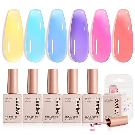 Beetles Pastel Gel Nail Polish Set, 6 Colors Jelly Pink Red Blue Green Purple Yellow Gel Polish kit Spring Summer Crystal Glass Translucent Effect Rainbow French Nail Art Soak Off UV Gift for Women