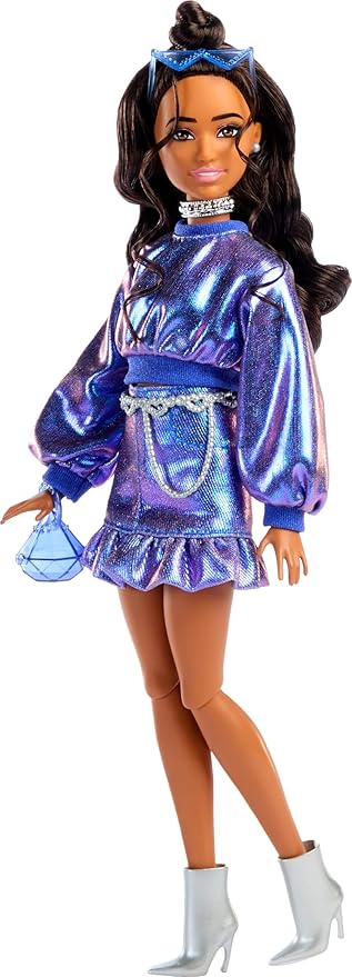 Barbie Deluxe Style Doll #7 in Metallic Blue Top and Skirt, Wavy Brown Hair, Accessories Like Silvery Jewelry, Crystal Handbag and Sunglasses