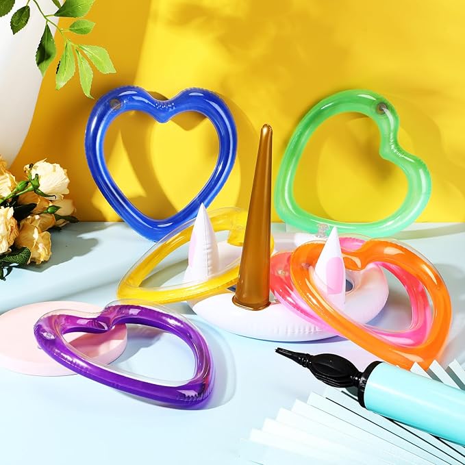RoundFunny Unicorn Party Games with 1 Unicorn and 6 Heart Rings Inflatable Ring Toss Game Set Multicolor Toss for Party Outdoor Game Favors Birthday 1 Set