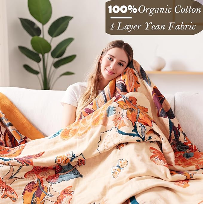 VANJOROY Boho Throw Blanket, 100% Organic Cotton Breathable Soft Lightweight All Season Rustic Bed Throw - Floral Bird Farmhouse Decor Blanket for Sofa Couch Chair Quilt and Gift. 60" x 80"