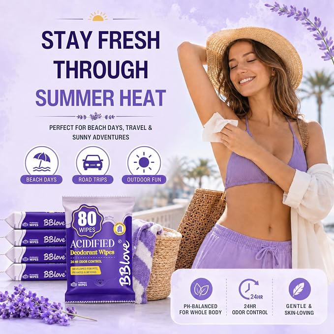 Acidified Body Wipes - 24H Odor Control, pH Balanced for Underarms & Whole Body, Aluminum-Free & Skin-Loving Formula, 80 Wipes