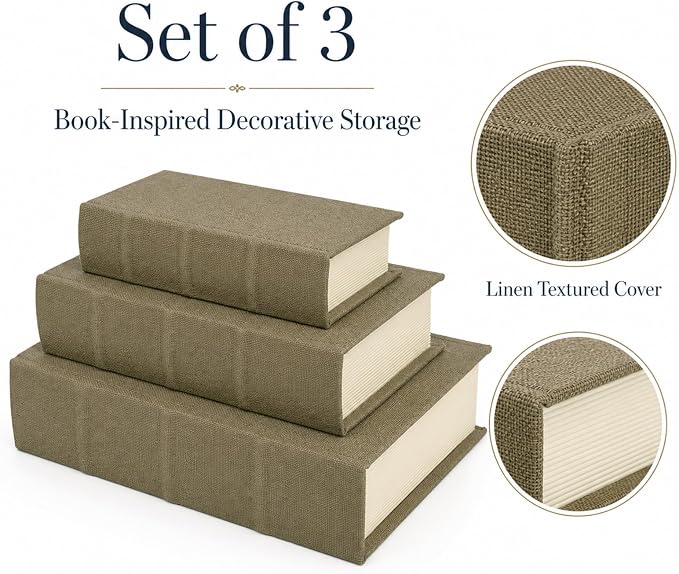 Decorative Book Boxes Set of 3, Faux Linen Storage, 13" | Living Room Decor, Bedroom Decor, Office Decor, Bookshelf Display, Coffee Table, Farmhouse, Rustic, Vintage Style