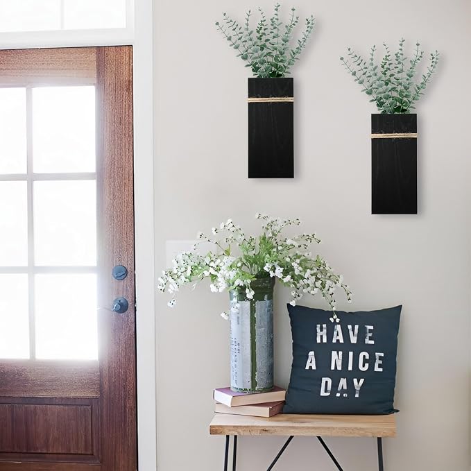 Wall Planters for Indoor Plants-2 Pack Wood Wall Vases for Dried Flowers & Artificial Plants Modern Farmhouse Wooden Vase for Living Room Bedroom Kitchen Decorations - Black Large