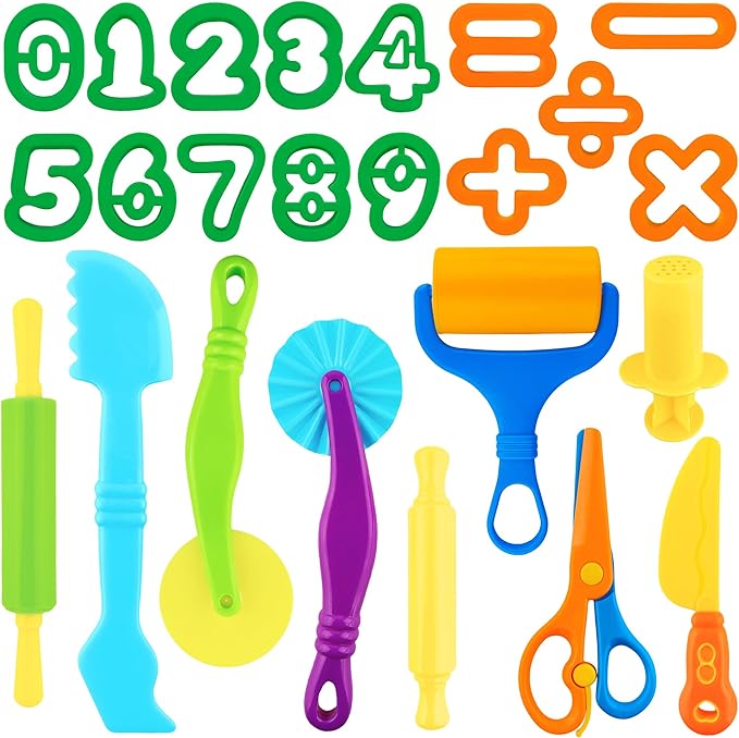 Dough Tools 24pcs Dough Tools Play for Kids Clay Accessories with Rolling Pins,Number Cutters,Roller,Safety Scissors,Plastic Knife