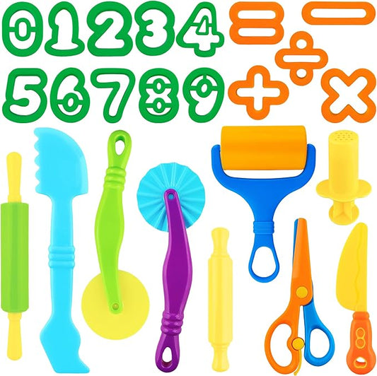 Dough Tools 24pcs Dough Tools Play for Kids Clay Accessories with Rolling Pins,Number Cutters,Roller,Safety Scissors,Plastic Knife