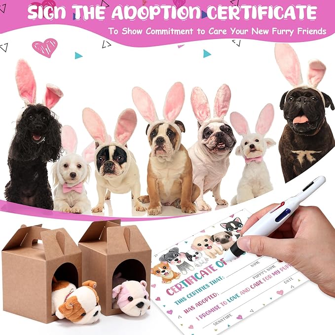 84 Pcs Adopt a Pet Party Favors 24 Mini Plush Stuffed Animals 10 White Plastic Fence 24 Paper Gift Boxes 24 Adoption Cards with Mini Chalkboard and Artificial Lawn(Shar Pei)