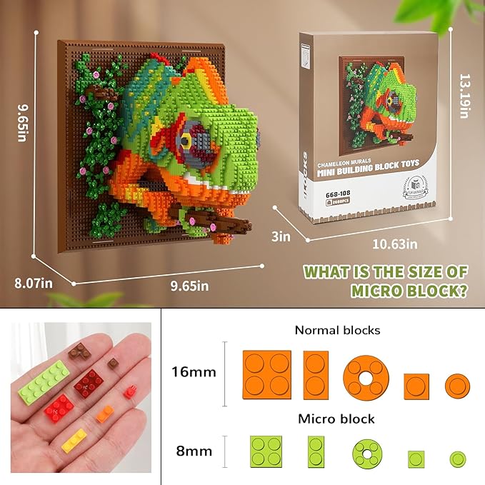 Chameleon Animal 3D Wall Art Micro Mini Building Blocks Set for Adults, Unique Home Wall Decor or Table Display, No Compatible with Lego, Ideal Birthday Toy for Kids Teens (2688 PCS)