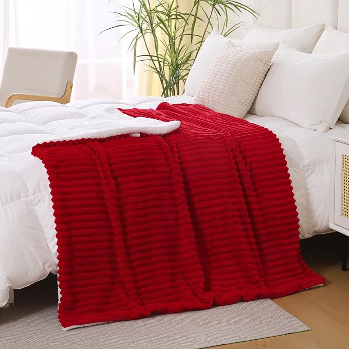 Red Sherpa Fleece Throw Blanket 60”×80”for Couch Sofa Bed | Double Side Soft Fuzzy Cozy Plush Thick Flannel Blanket with Striped Design Gift for Adults,Woman