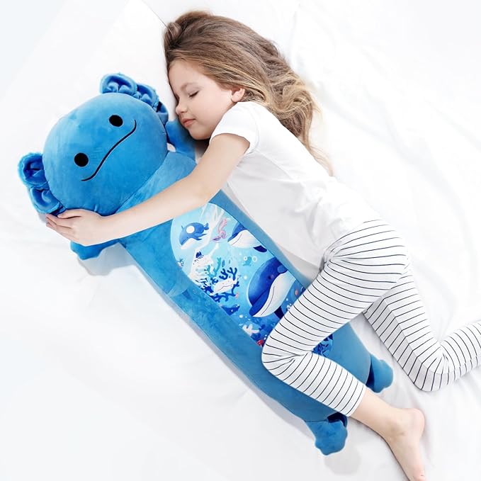 36 inch Long Axolotl Plush Body Pillow, Giant Cute Blue Ocean Axolotl Stuffed Animals, Big Salamander Squishy Soft Plushies Toy, Gifts for Kids Girls and Boys, Birthdays ﻿Easter
