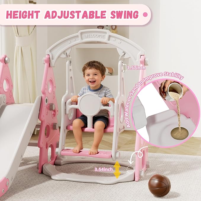 XJD 4-in-1 Toddler Slide and Swing Set, Kids Slide for Toddlers Age 1+, Toddler Outdoor Playset with Basketball Hoop, Swing, Christmas Birthday Gifts for Kids (Light Pink)