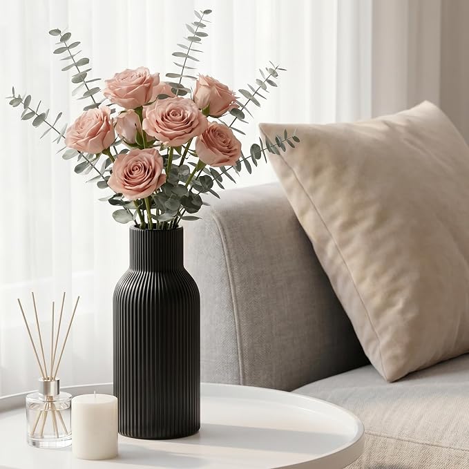 Black Ceramic Tall Vase,Modern Smooth Vertical Ribbed, Nordic Minimalist for Pampas, Dried & Fresh Flowers, Home Decor for Living Room, Coffee Table, Bookshelf, Entryway, Farmhouse