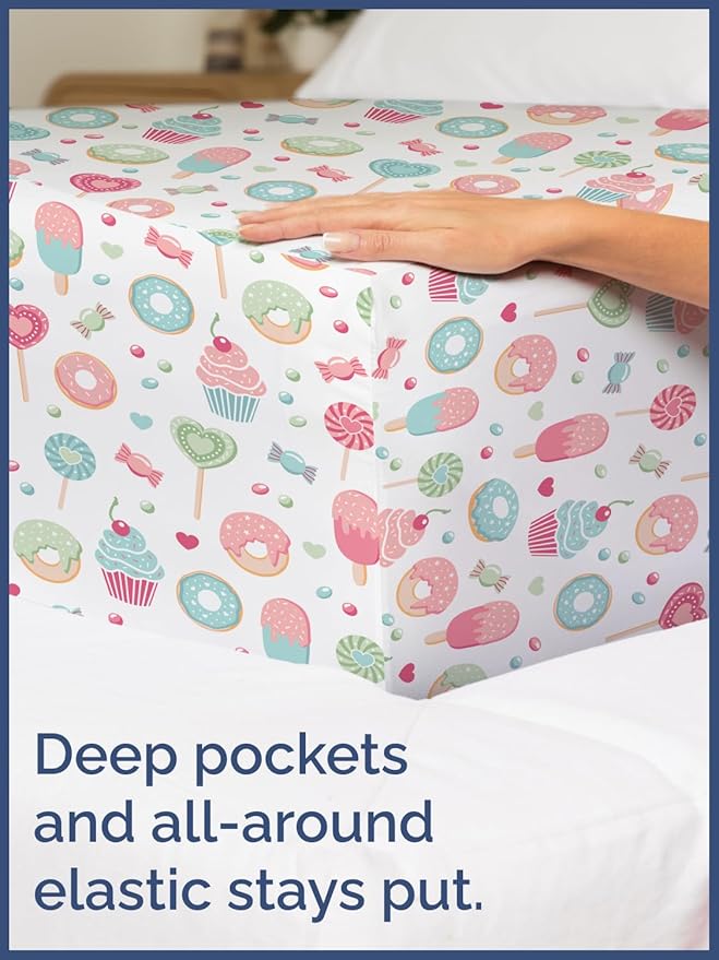 Kids Queen Size Bed Sheet Set - 4 Piece Kids Loft Bed Sheets - Sweets Cupcake Pattern Bedding - Soft, Cute and Cozy - Breathable & Machine Washable - Lollipop Bed Set for Boys, Girls, Teens & Toddlers