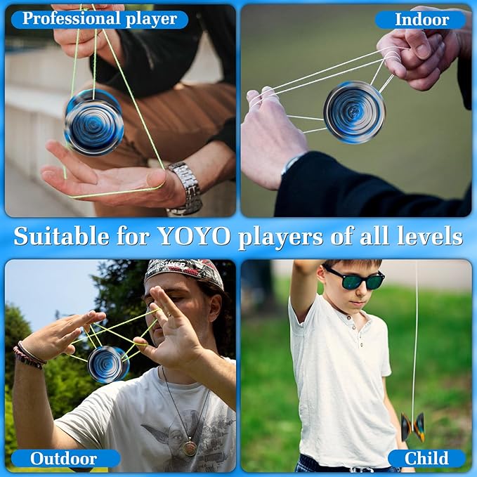 WATIEOBOO Responsive Metal Yoyo Professional yoyo,Professional Unresponsive Yo yo for Adults Pro Metal Trick Yo-yo with Yo Yos Bearing Kit 10 Strings, Case & Gloves - Black Blue Silver
