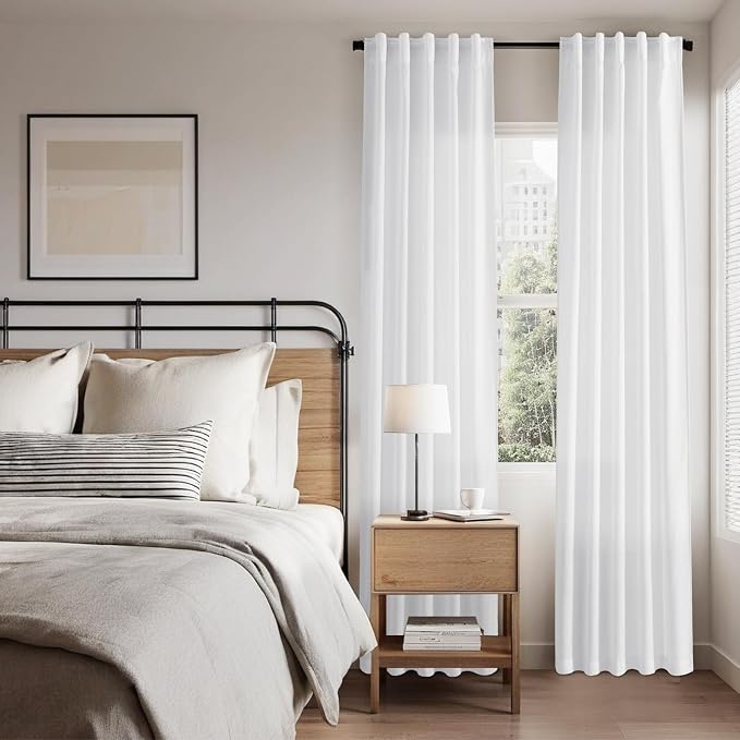 Nanspring White Linen Curtains for Living Room 60 inch Length Light Filtering Semi Sheer Curtains Back Tab and Rod Pocket Modern Farmhouse Curtain for Bedroom, 2 Panels 34 x 54 Inch