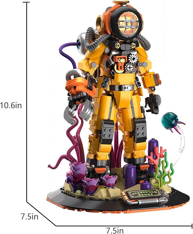 Steampunk Deep Sea Diver Building Set, 1286 Pieces, Light-Up Display Model, Collector's Home Decor