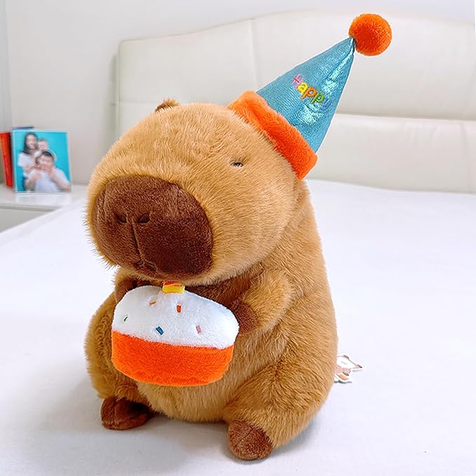 Ditucu Cute Capybara Plush with Happy Birthday Hat Holding Cake Soft Capibara Stuffed Animal Plushies Toys for Birthday Gifts Party Decoration for Kids Brown 8.6 inch