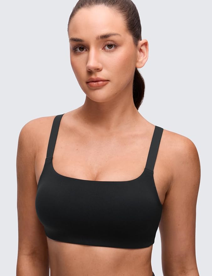 CRZ YOGA Butterluxe Adjustable Wide Strap Sports Bras for Women - Square Back Padded Scoop Neck Yoga Top