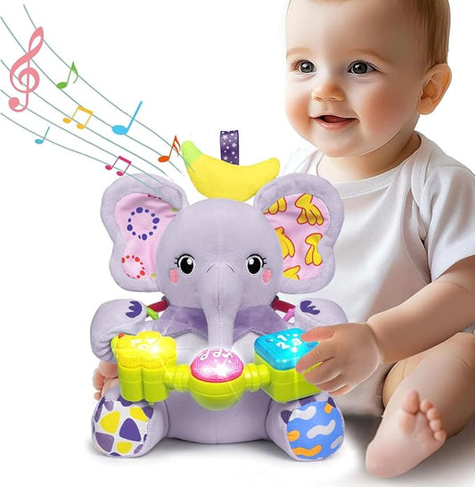 Baby Bilingual Musical Elephant Stuffed Animals Toys,Infant Early Learning Toy with Light-Up Music & Crinkle,Tummy Time Toys for 0 3 6 9 12+ Months for Baby Boy Girl Gift,Purple