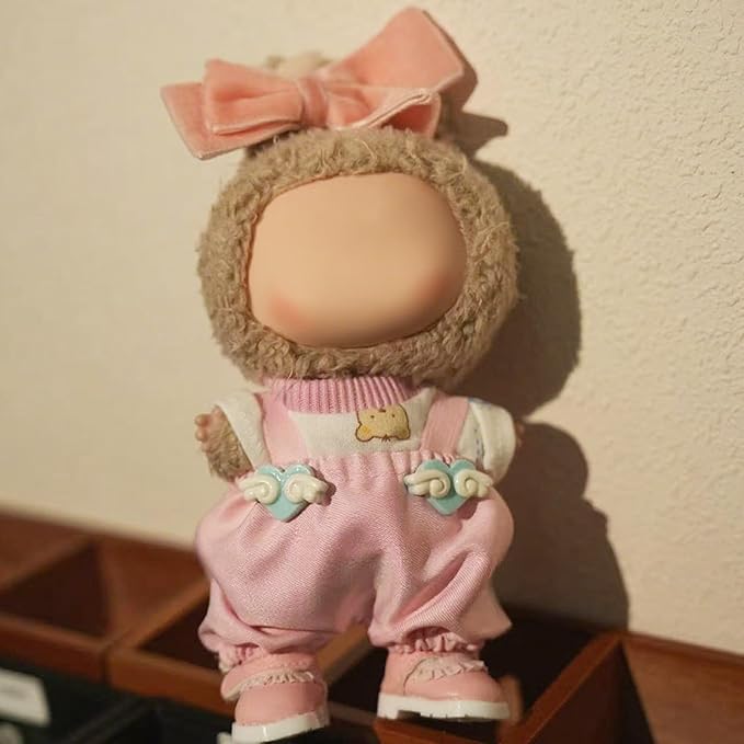 Clothes for Labubu, 4-Piece Includes a top, Pants, Bow Hair and Shoes Accessories Outfit Set for Labubu Doll - 17cm Dolls Clothes Cute & Pink Suit(NO Doll)