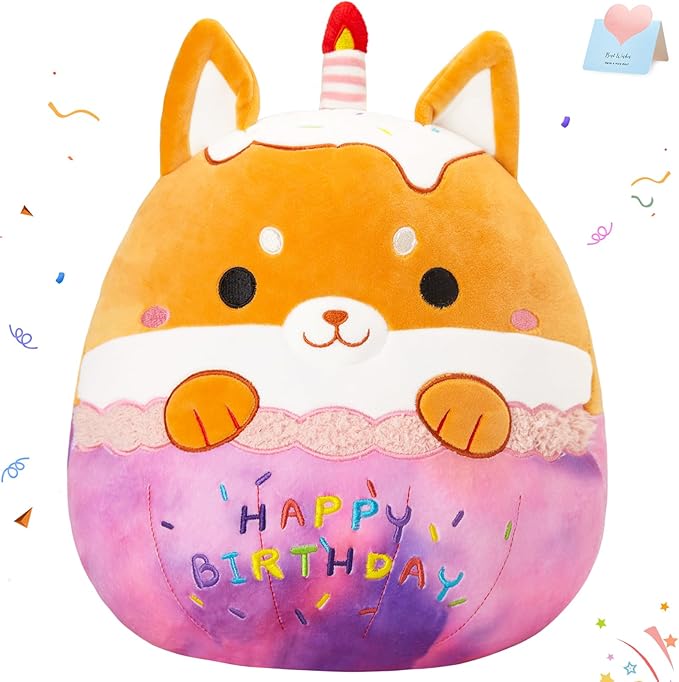 Athoinsu 14" Happy Birthday Dog Stuffed Animals Cute Shiba Inu Soft Puppy Plush Pillow Birthday Decor Toys with Candles Kawaii Plushie Gifts Toys for Toddlers Kids Boys Girls