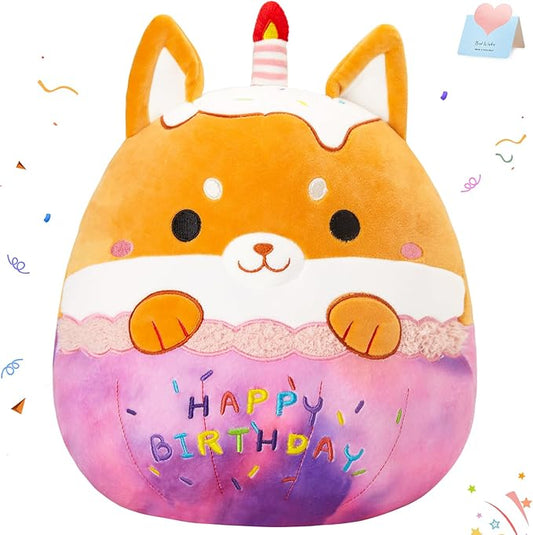 Athoinsu 14" Happy Birthday Dog Stuffed Animals Cute Shiba Inu Soft Puppy Plush Pillow Birthday Decor Toys with Candles Kawaii Plushie Gifts Toys for Toddlers Kids Boys Girls