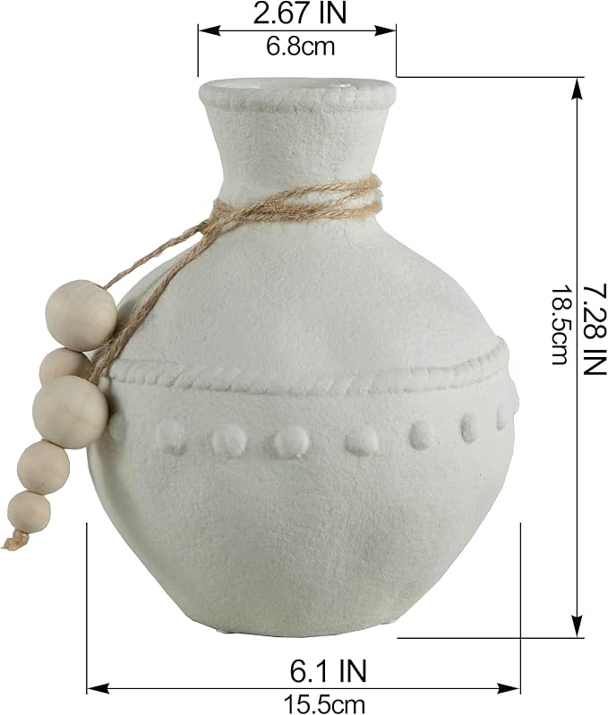 Mowtanco Rustic Ceramic Vase with Boho Wooden Beads, Matte Decorative Pottery for Modern Farmhouse and Bohemian Decor, Floral Arrangements, Living Room, Dining Table Centerpieces