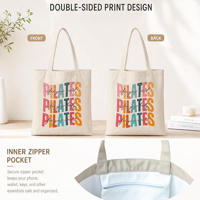 Pilates Canvas Tote Bag for Women Shopping Work Travel with Inner Pocket