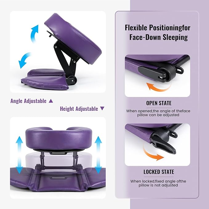 TRENDBOX Face Down Tabletop Massage Kit Adjustable Headrest Pillow - Purple