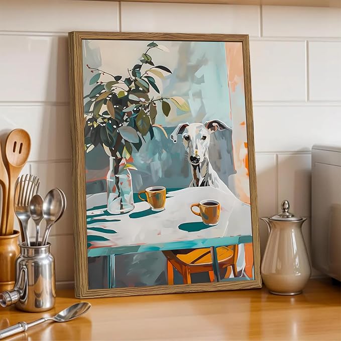 Funny Dog Wall Art, Whimsical Whippet Wall Decor Painting Cute Greyhound Poster Canvas Print Animal Artwork for Dining Room Kitchen Living Room 12x16 inch Wood Framed