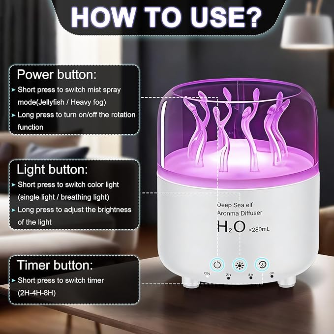 Morbou Essential Oil Diffuser with Jellyfish Spray & Sea Anemone Rotation, 280ml Ultrasonic Aromatherapy Machine,7-Color LED Night Light Quiet Mist for Bedroom, Remote Control (White)