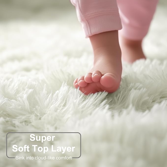 Amdrebio Ivory White Big Round Rug 7Ft for Kids Bedroom Aesthetic, Fluffy Fuzzy Furry Circle Area Rugs for Living Room, Large Plush Soft Shaggy Cream Carpet for Baby Nursery Classroom Teen Girls Boys