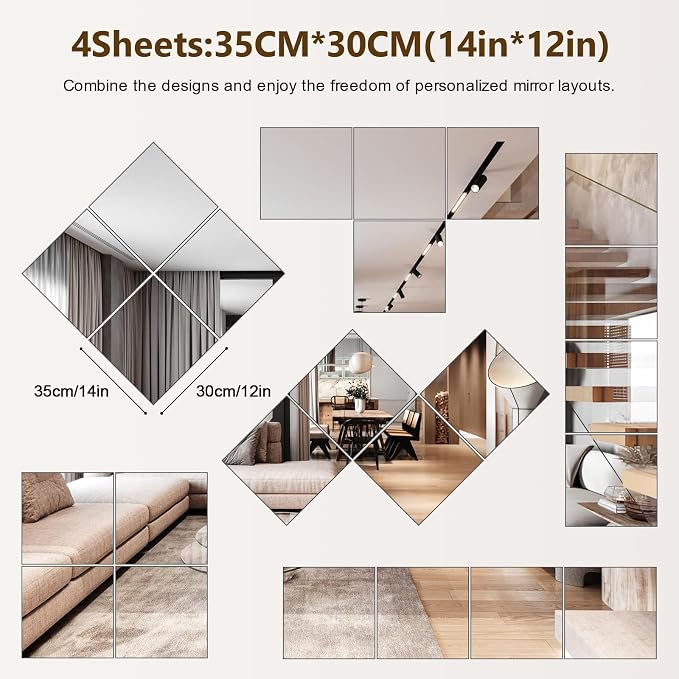Shiftshade Mirror Wall Full Length,12X14 Inch Unbreakable Mirror Tiles for Bedroom Home Gym Door, Acrylic Mirror Full Body Shatterproof Mirror Stickers for Walls,Mirror Sheets (4pcs)