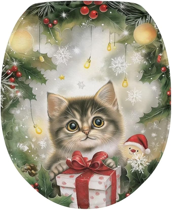 Christmas Cat Fuzzy Toilet Seat Cover for Xmas Decor Bathroom Accessory Soft Toilet Tank Cover for Trip Dustproof Motorhome Bathroom Accessory Universal Fit Oval